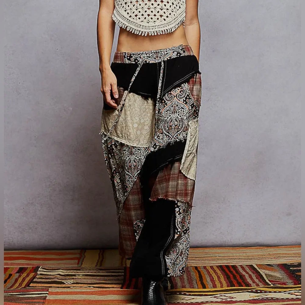 POL Patchwork Wide Leg Boho Pants in Black, Brown, Cream